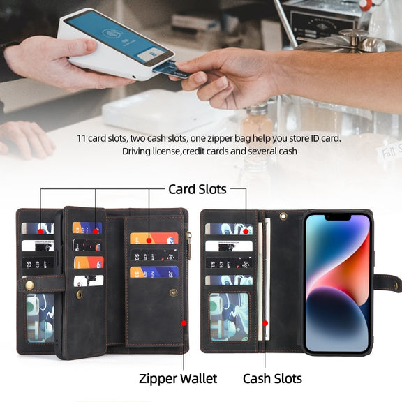 For iPhone 14 Plus Zipper Wallet Detachable MagSafe Leather Phone Case(Black)