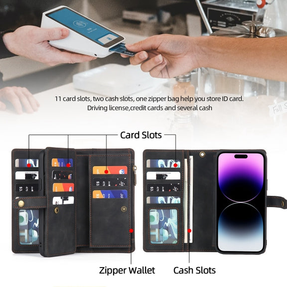 For iPhone 14 Pro Max Zipper Wallet Detachable MagSafe Leather Phone Case(Black)