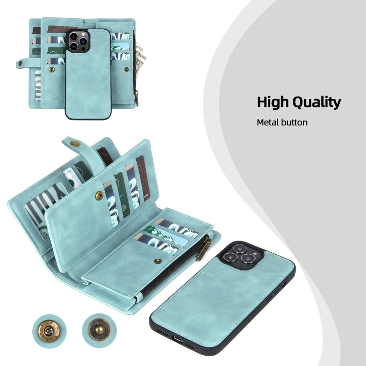 For iPhone 13 Pro Zipper Wallet Detachable MagSafe Leather Phone Case(Blue)