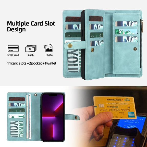 For iPhone 13 Pro Zipper Wallet Detachable MagSafe Leather Phone Case(Blue)