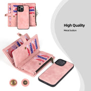 For iPhone 13 Pro Max Zipper Wallet Detachable MagSafe Leather Phone Case(Pink)