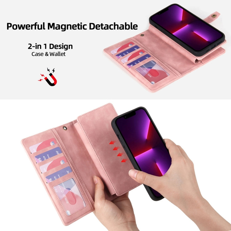 For iPhone 13 Pro Max Zipper Wallet Detachable MagSafe Leather Phone Case(Pink)