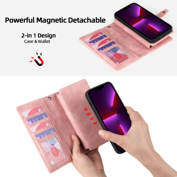 For iPhone 13 Pro Max Zipper Wallet Detachable MagSafe Leather Phone Case(Pink)