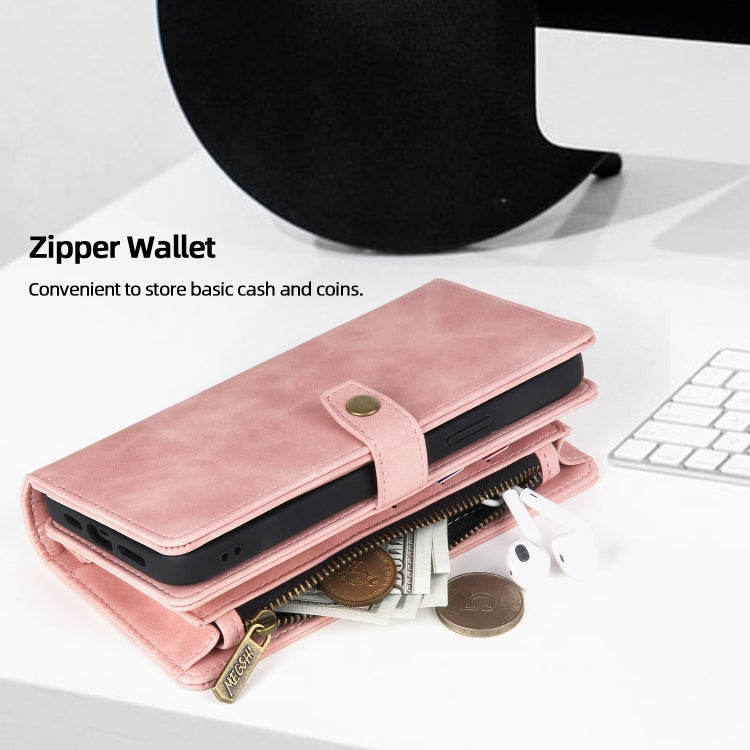 For iPhone 13 Pro Max Zipper Wallet Detachable MagSafe Leather Phone Case(Pink)