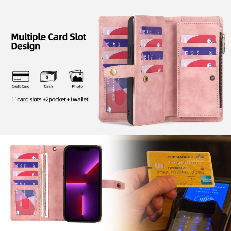 For iPhone 13 Pro Max Zipper Wallet Detachable MagSafe Leather Phone Case(Pink)
