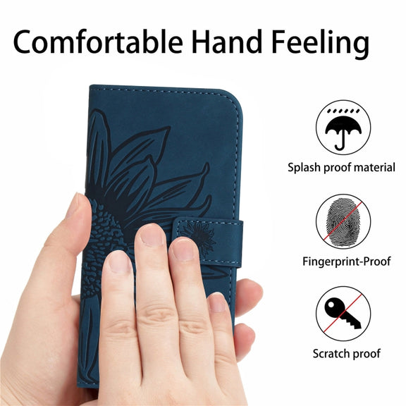 For Xiaomi Poco F5 Skin Feel Sun Flower Embossed Flip Leather Phone Case with Lanyard(Inky Blue)