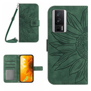 For Xiaomi Poco F5 Pro Skin Feel Sun Flower Embossed Flip Leather Phone Case with Lanyard(Green)