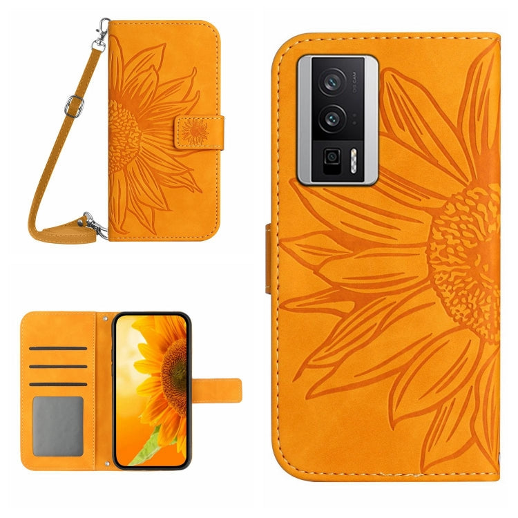 For Xiaomi Poco F5 Pro Skin Feel Sun Flower Embossed Flip Leather Phone Case with Lanyard(Yellow)