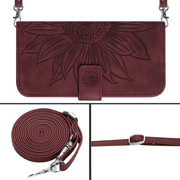 For Xiaomi Redmi 12 5G Skin Feel Sun Flower Embossed Flip Leather Phone Case with Lanyard(Wine Red)