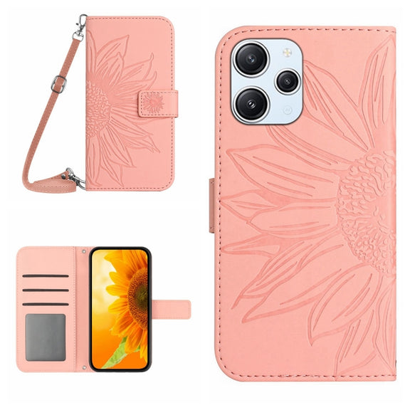 For Xiaomi Redmi 12 5G Skin Feel Sun Flower Embossed Flip Leather Phone Case with Lanyard(Pink)