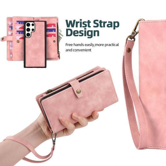 For Samsung Galaxy S23 Ultra 5G Zipper Wallet Detachable MagSafe Leather Phone Case(Pink)