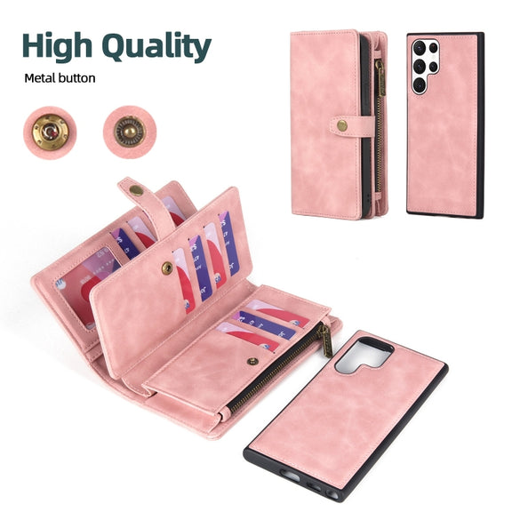 For Samsung Galaxy S22 Ultra 5G Zipper Wallet Magnetic Detachable Leather Phone Case(Pink)