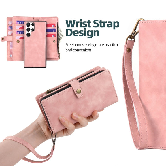 For Samsung Galaxy S22 Ultra 5G Zipper Wallet Magnetic Detachable Leather Phone Case(Pink)