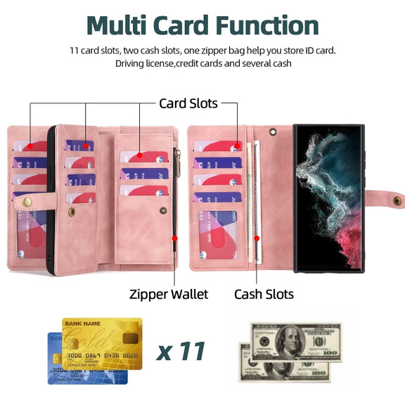 For Samsung Galaxy S22 Ultra 5G Zipper Wallet Magnetic Detachable Leather Phone Case(Pink)
