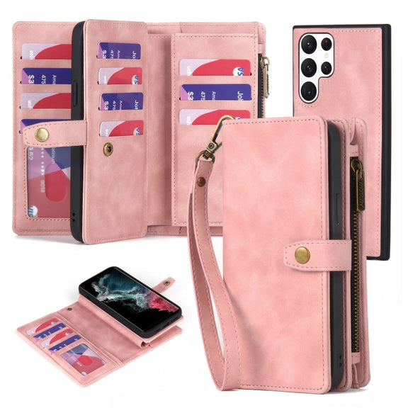 For Samsung Galaxy S22 Ultra 5G Zipper Wallet Magnetic Detachable Leather Phone Case(Pink)