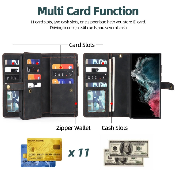 For Samsung Galaxy S22 Ultra 5G Zipper Wallet Detachable MagSafe Leather Phone Case(Black)