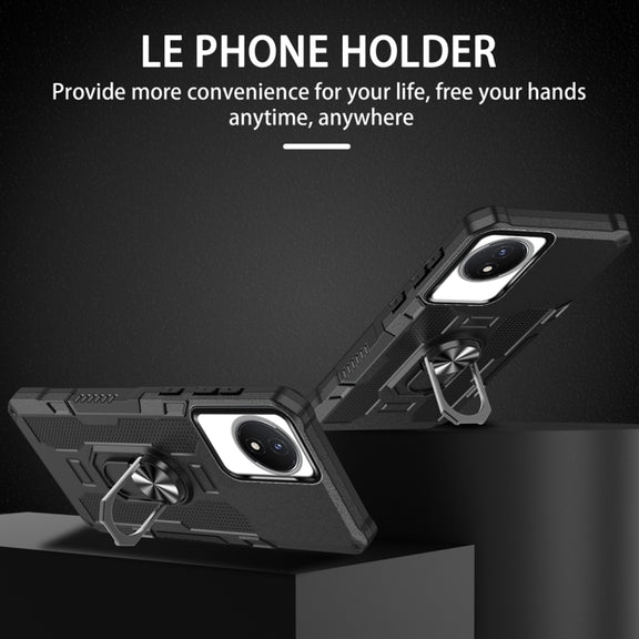 For vivo Y02 Ring Holder Armor Hybrid Phone Case(Black)