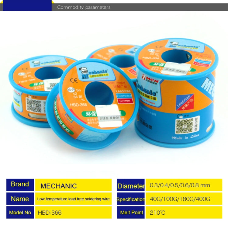 Mechanic HBD-366 40g Tin Solder Wire Lead-Free Solder Melt Rosin Core, Model:0.4mm