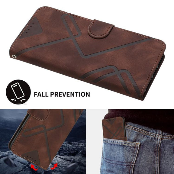 For iPhone 17 Pro Line Pattern Skin Feel Leather Phone Case(Coffee)
