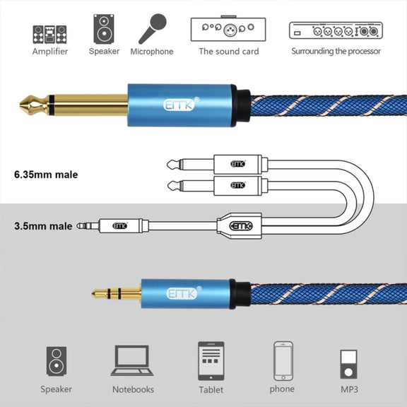 EMK 3.5mm Jack Male to 2 x 6.35mm Jack Male Gold Plated Connector Nylon Braid AUX Cable for Computer / X-BOX / PS3 / CD / DVD, Cable Length:1m(Dark Blue)