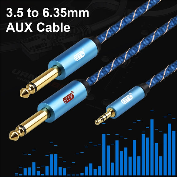 EMK 3.5mm Jack Male to 2 x 6.35mm Jack Male Gold Plated Connector Nylon Braid AUX Cable for Computer / X-BOX / PS3 / CD / DVD, Cable Length:1m(Dark Blue)