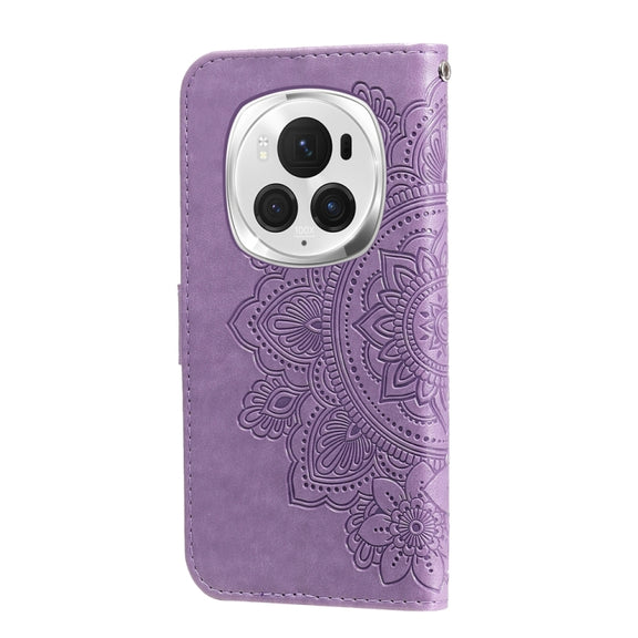 For Honor Magic6 Pro Seven-petal Flowers Embossing Leather Phone Case(Light Purple)