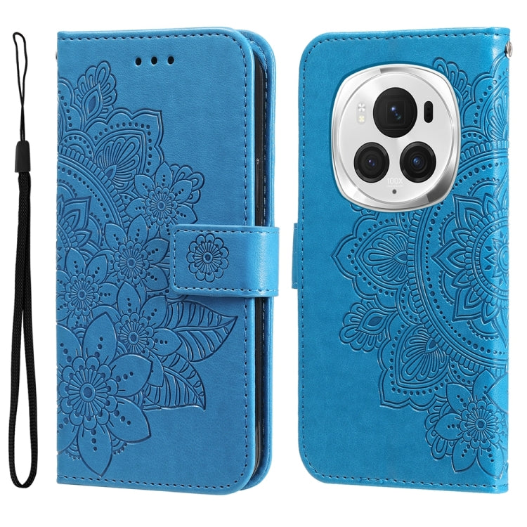 For Honor Magic6 Pro Seven-petal Flowers Embossing Leather Phone Case(Blue)