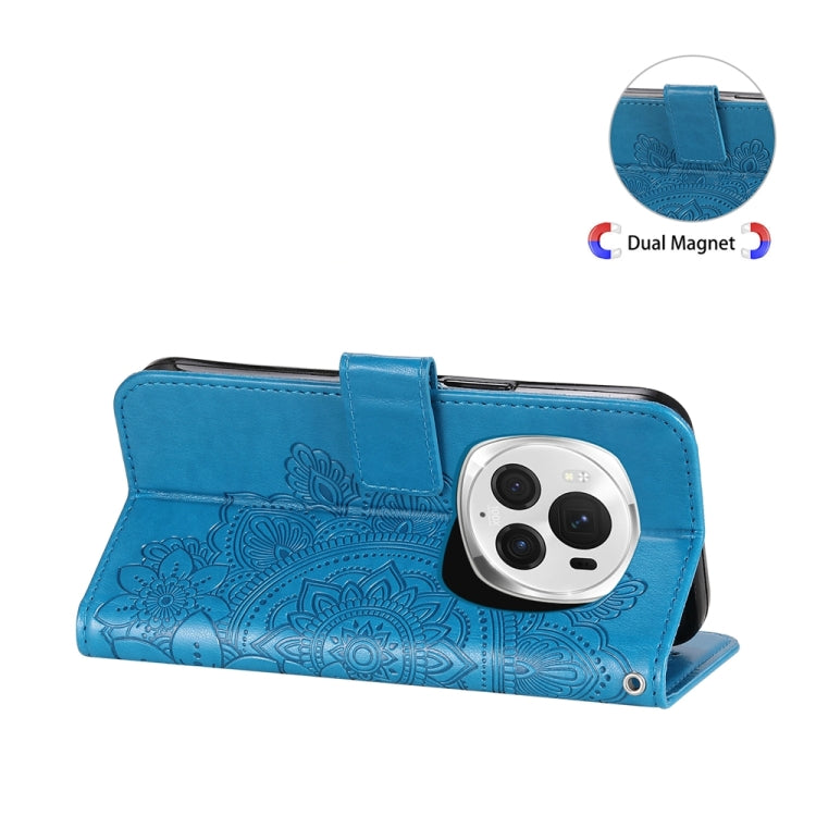 For Honor Magic6 Pro Seven-petal Flowers Embossing Leather Phone Case(Blue)