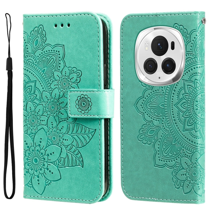 For Honor Magic6 Pro Seven-petal Flowers Embossing Leather Phone Case(Green)