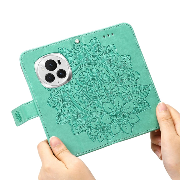 For Honor Magic6 Pro Seven-petal Flowers Embossing Leather Phone Case(Green)