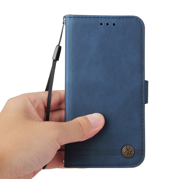 For Honor Magic6 Pro Skin Feel Life Tree Metal Button Leather Phone Case(Blue)