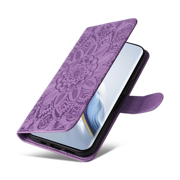 For Honor Magic6 Pro Embossed Sunflower Leather Phone Case(Purple)