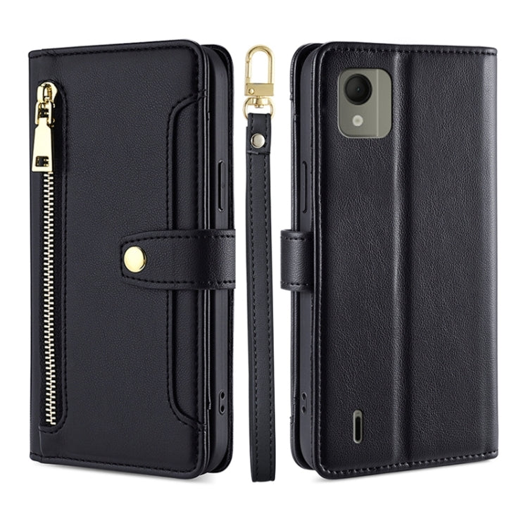 For Nokia C110 4G Lite Sheep Texture Cross-body Zipper Wallet Leather Phone Case(Black)