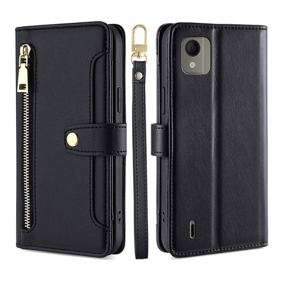 For Nokia C110 4G Lite Sheep Texture Cross-body Zipper Wallet Leather Phone Case(Black)