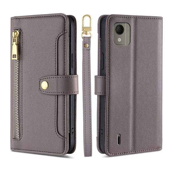 For Nokia C110 4G Lite Sheep Texture Cross-body Zipper Wallet Leather Phone Case(Grey)