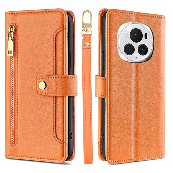 For Honor Magic6 Pro 5G Sheep Texture Cross-body Zipper Wallet Leather Phone Case(Orange)