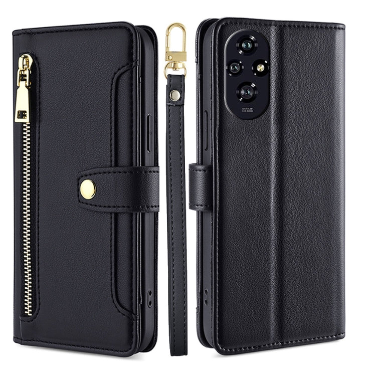 For Honor 200 5G Sheep Texture Cross-body Zipper Wallet Leather Phone Case(Black)