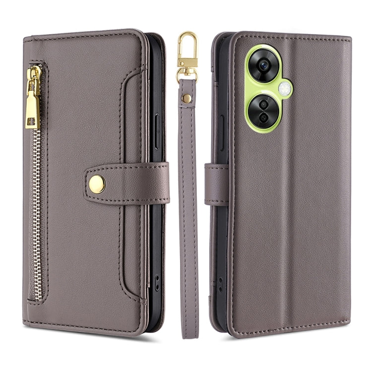 For OnePlus Nord CE 3 Lite 5G Sheep Texture Cross-body Zipper Wallet Leather Phone Case(Grey)