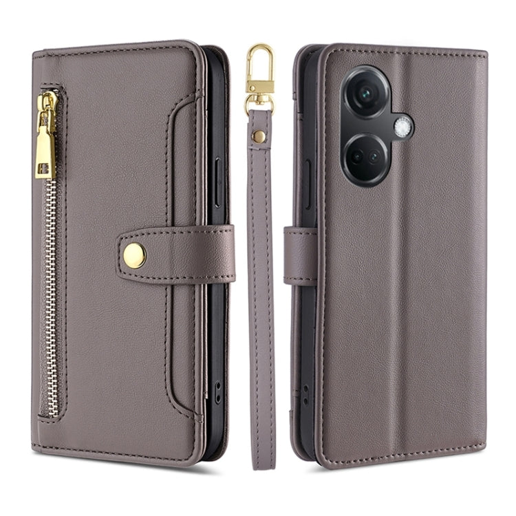 For OnePlus Nord CE3 5G Sheep Texture Cross-body Zipper Wallet Leather Phone Case(Grey)