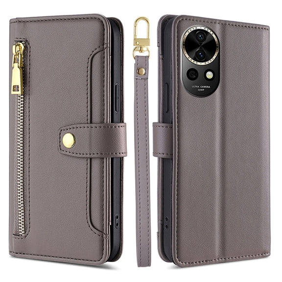 For Huawei nova 12 5G Sheep Texture Cross-body Zipper Wallet Leather Phone Case(Grey)