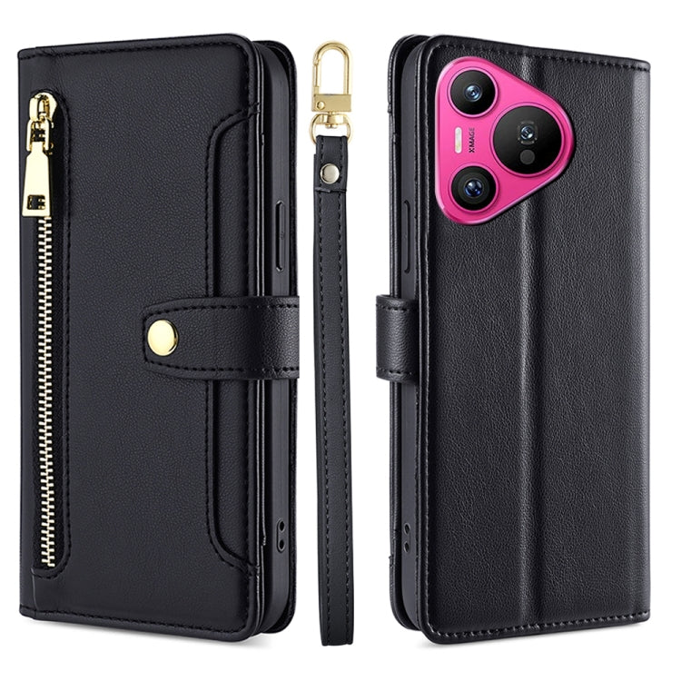 For Huawei Pura 70 5G Sheep Texture Cross-body Zipper Wallet Leather Phone Case(Black)