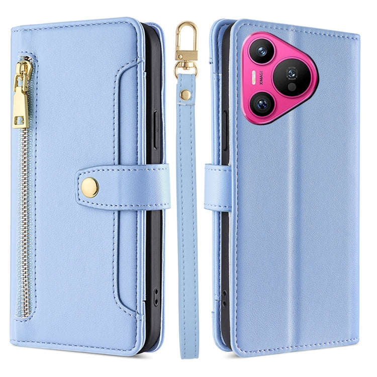 For Huawei Pura 70 5G Sheep Texture Cross-body Zipper Wallet Leather Phone Case(Blue)