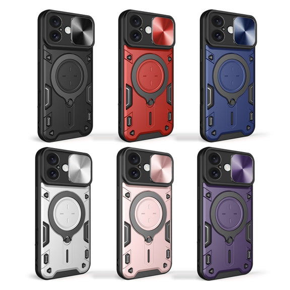 For iPhone 16 Plus CD Texture Sliding Camshield Magnetic Holder Phone Case(Pink)