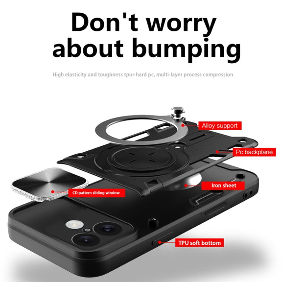 For iPhone 16 CD Texture Sliding Camshield Magnetic Holder Phone Case(Black)