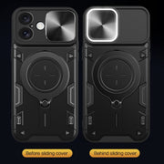 For iPhone 16 CD Texture Sliding Camshield Magnetic Holder Phone Case(Black)