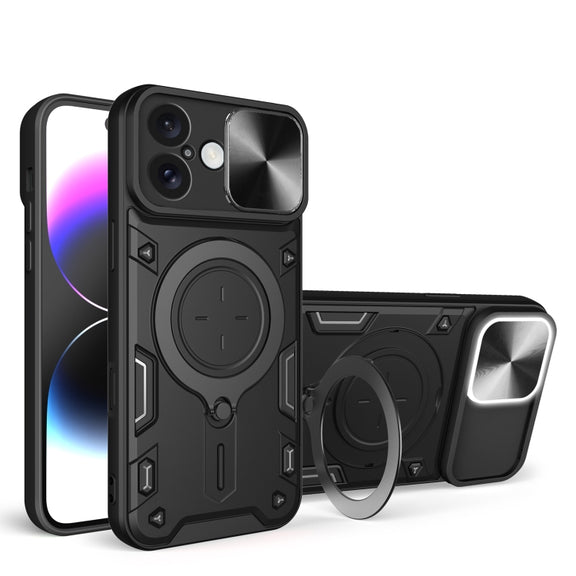 For iPhone 16 CD Texture Sliding Camshield Magnetic Holder Phone Case(Black)