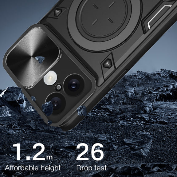 For iPhone 16 CD Texture Sliding Camshield Magnetic Holder Phone Case(Black)