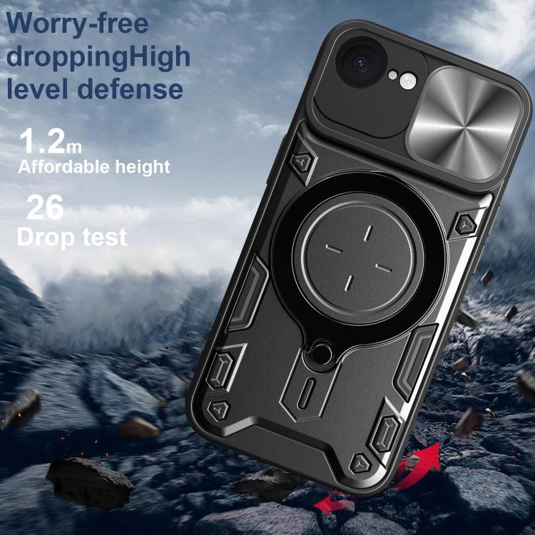 For iPhone 16e CD Texture Sliding Camshield Magnetic Holder Phone Case(Black)