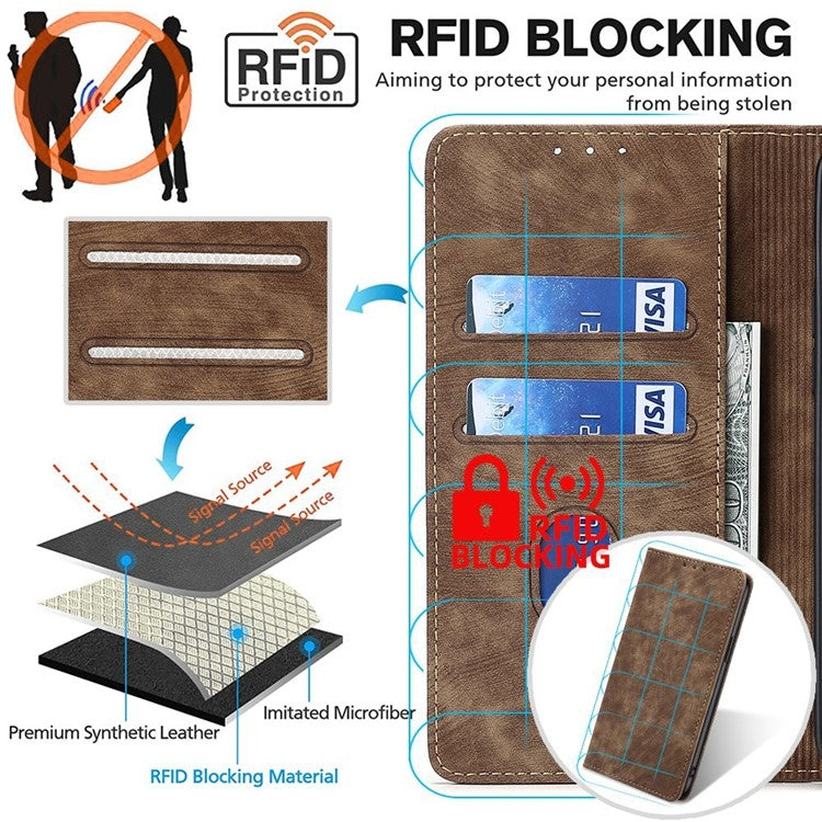 For Honor Magic6 Pro RFID Anti-theft Brush Magnetic Leather Phone Case(Brown)