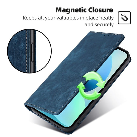 For Honor Magic6 Pro RFID Anti-theft Brush Magnetic Leather Phone Case(Blue)